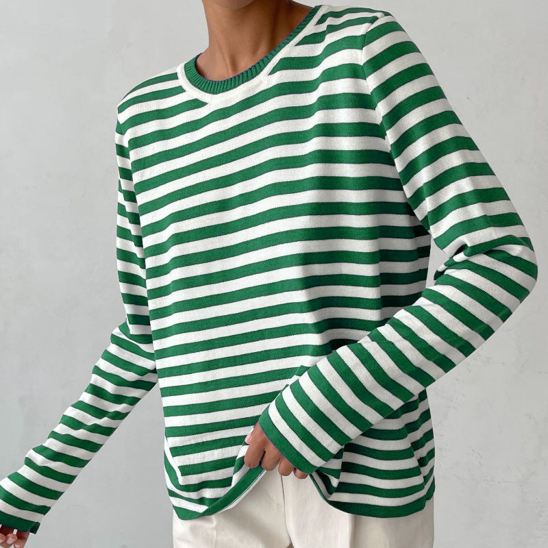 New Knitted Striped Long Sleeved Sweater Versatile Pullover