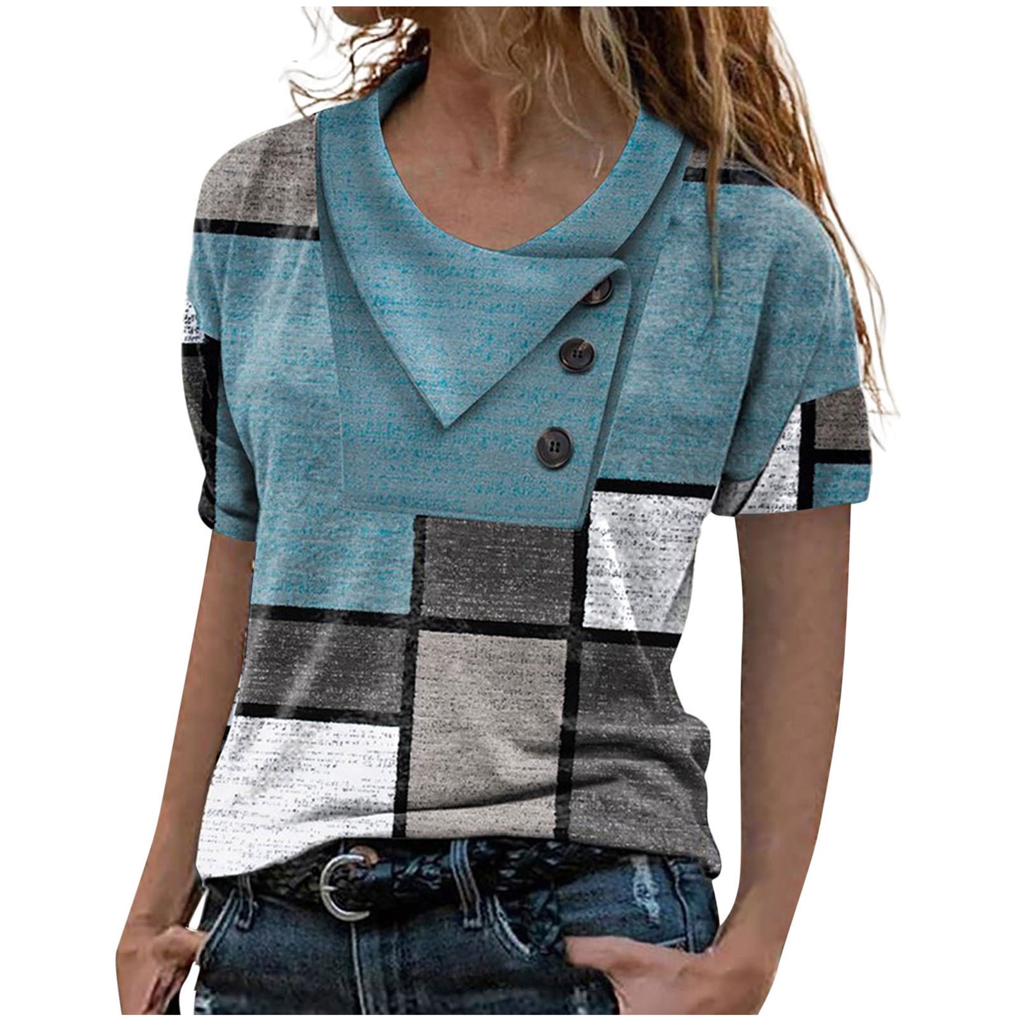 Shirt Cross Collar Button Fashion Print Short Sleeve T Shirt