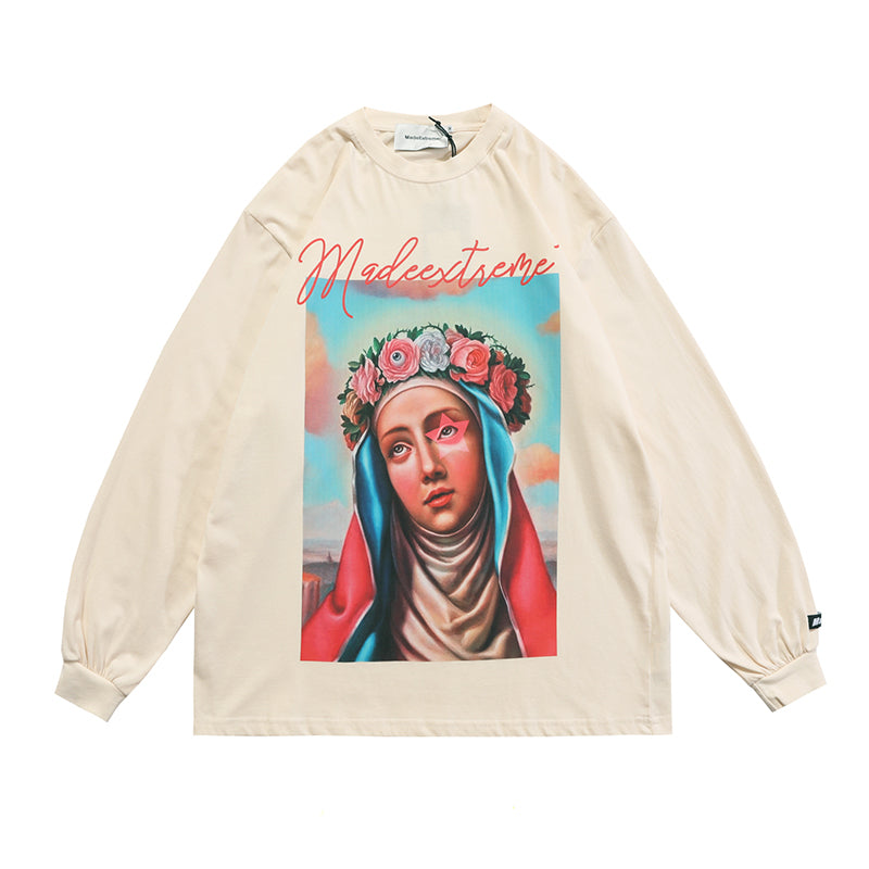 European And American High Street Retro Portrait Print Long-sleeved T-shirt