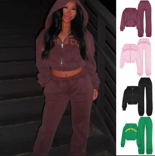 Ins Letter Sports Suit Zip-up Hooded Cropped Sweatshirt