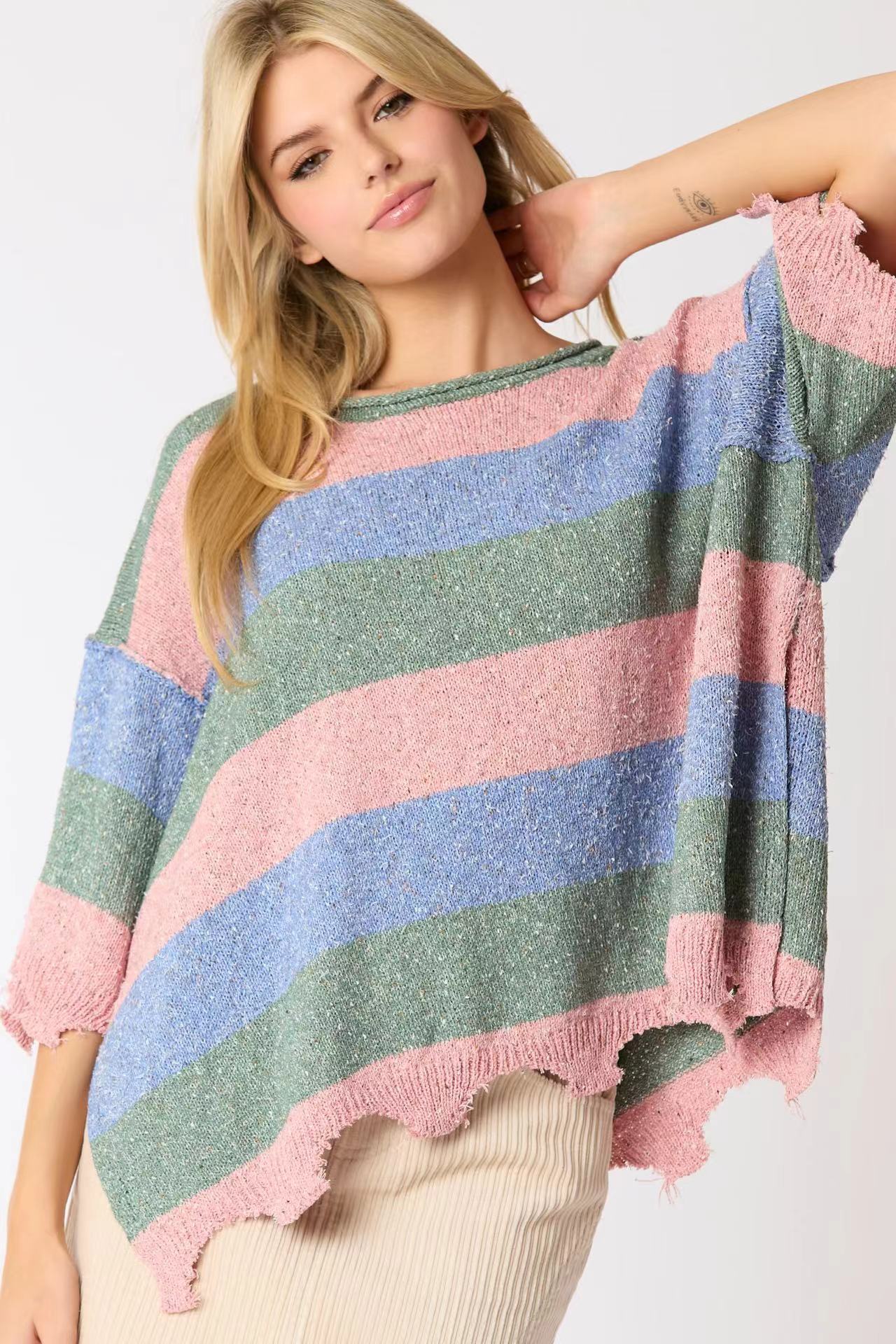 Women's Multi-color Stripe Contrast Color Short-sleeved