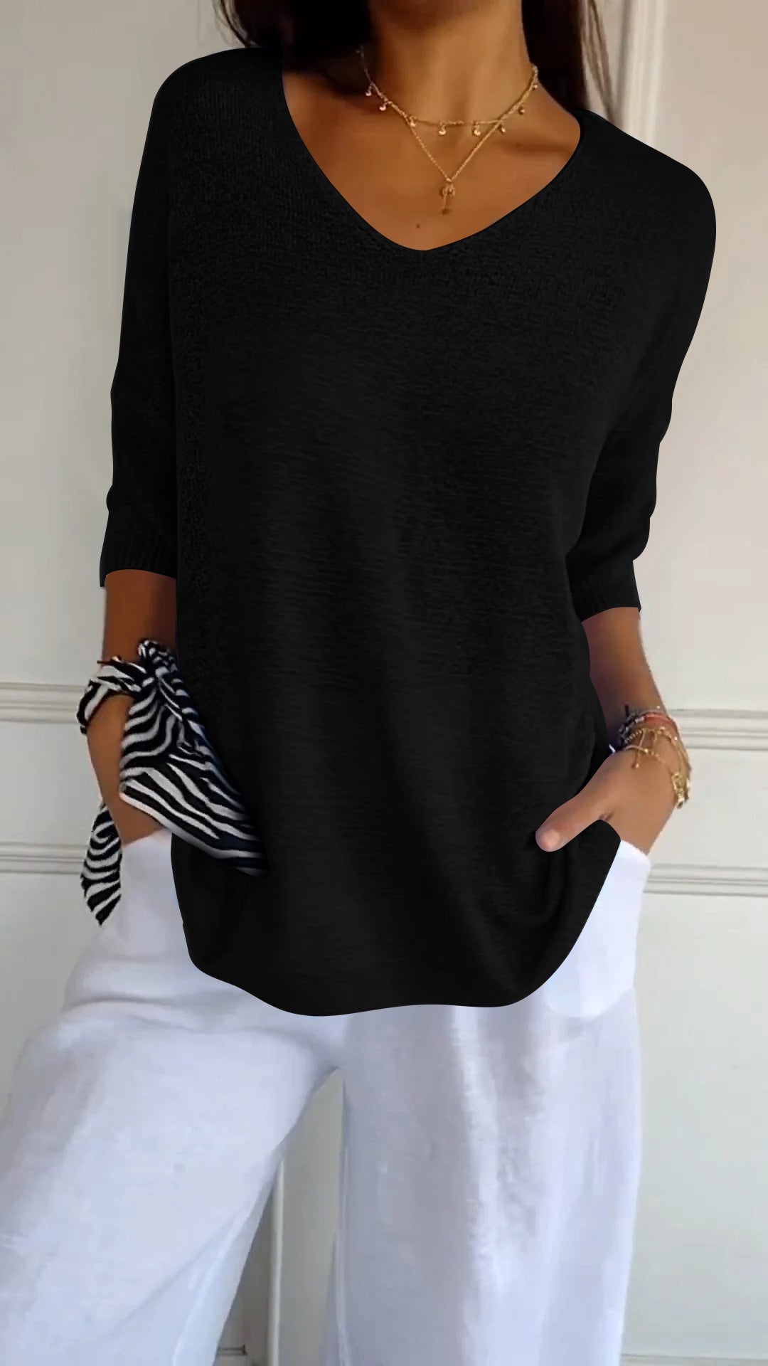 Solid Long Sleeve Sweater Slimming V-neckline Knitwear
