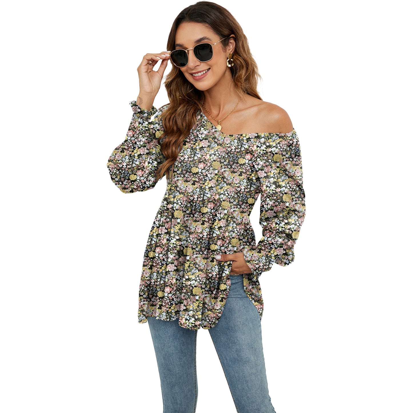 Long Puff Sleeve Tops Women Flowers Print Casual V-Neck