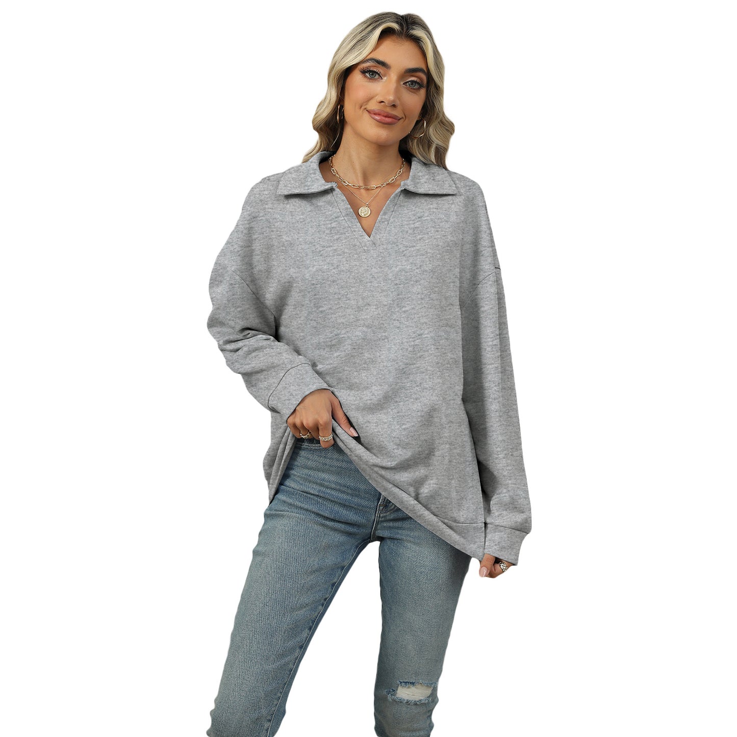 New Lapel V-neck Sweatshirt Fashion Casual Loose