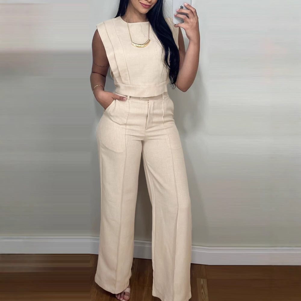 Summer Sleeveless Suit Fashion Round Neck Vest Top And Pocket