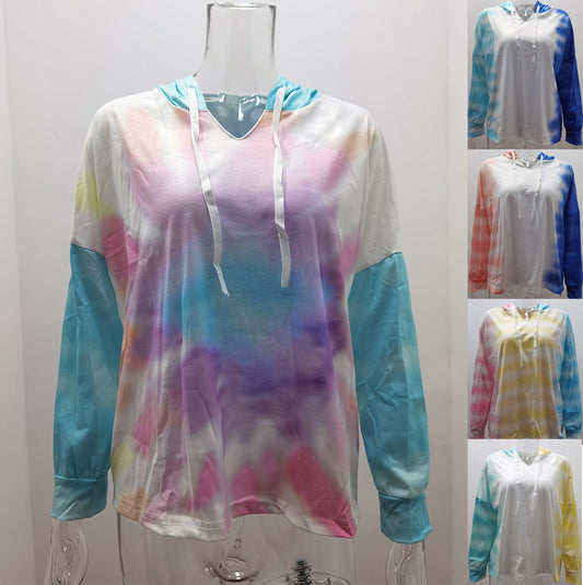 Tie-Dye Gradient V-Neck Hooded Long Sleeve Pullover Casual Sweatshirt