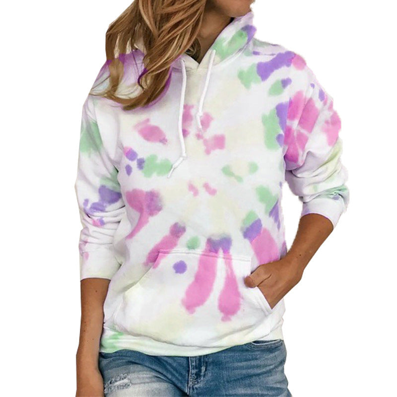 Long Sleeve Casual Tie Dye Print Colorful Hooded Long Sleeve Sweatshirt