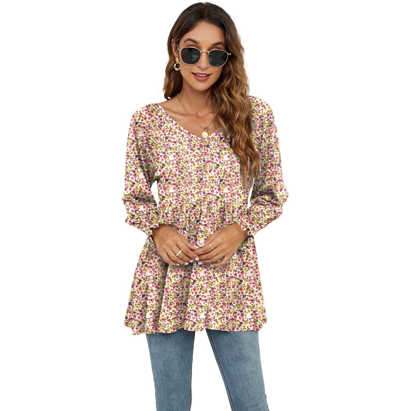 Long Puff Sleeve Tops Women Flowers Print Casual V-Neck