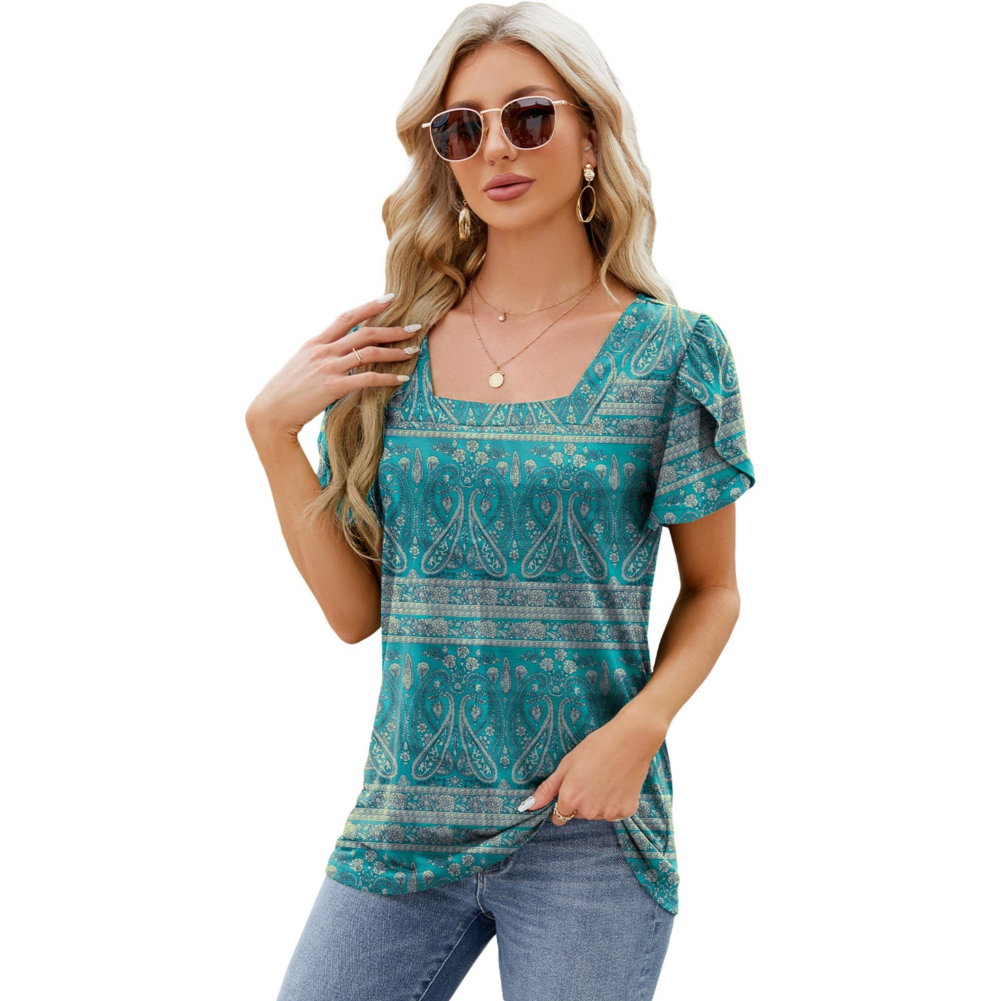 Summer Top Fashion Square Neck Printed Short-sleeved T-shirt