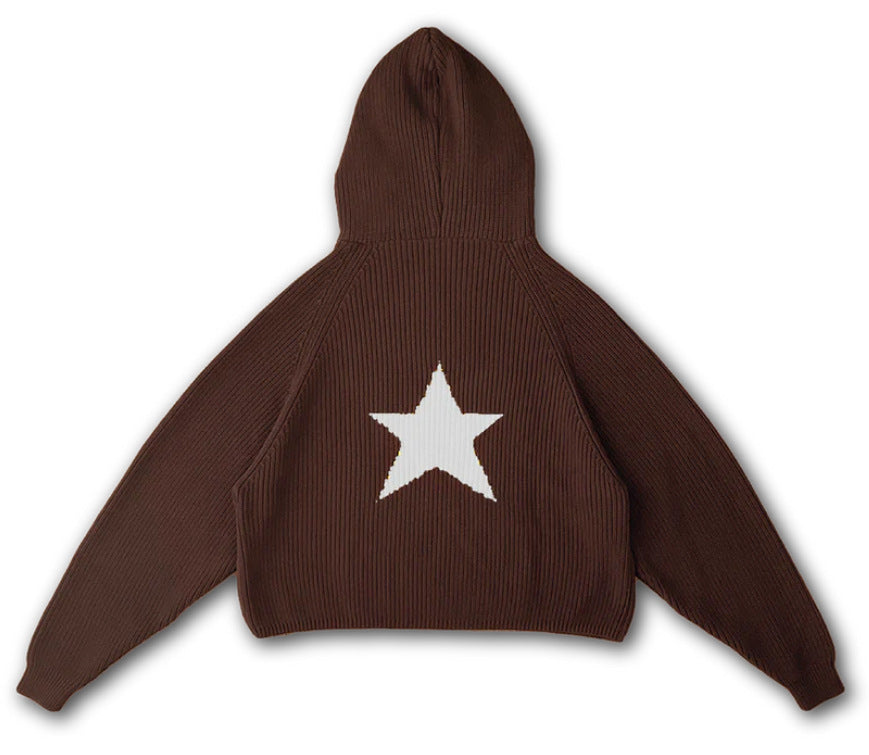 Female Star Sunken Stripe Men's Knitted Hooded Sweater
