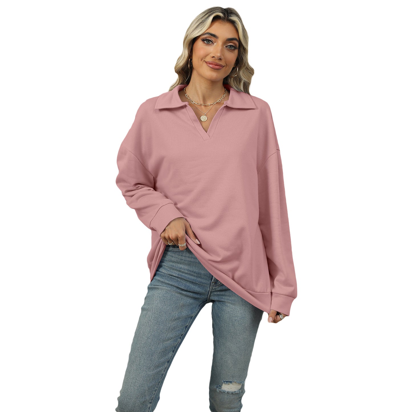 New Lapel V-neck Sweatshirt Fashion Casual Loose