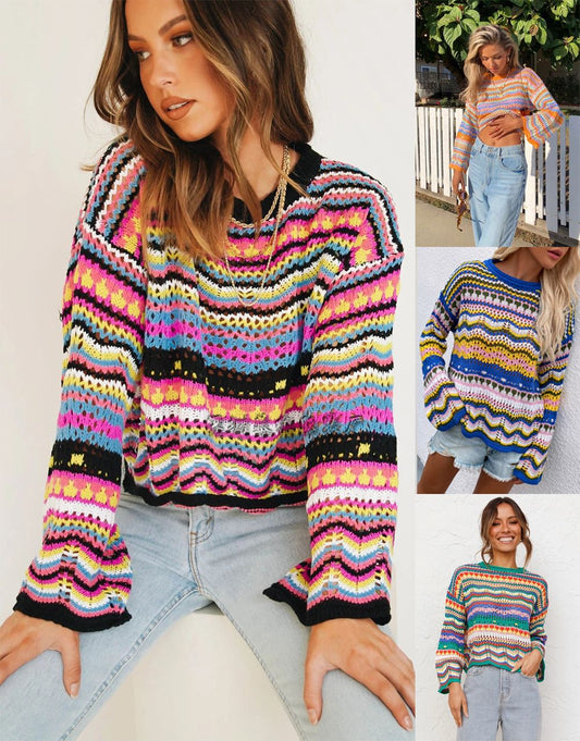 Stitching Sweater Loose Inter-color Rainbow Striped