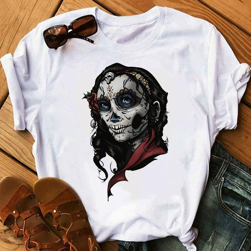 Women's Color Skull Print Short-sleeved T-shirt