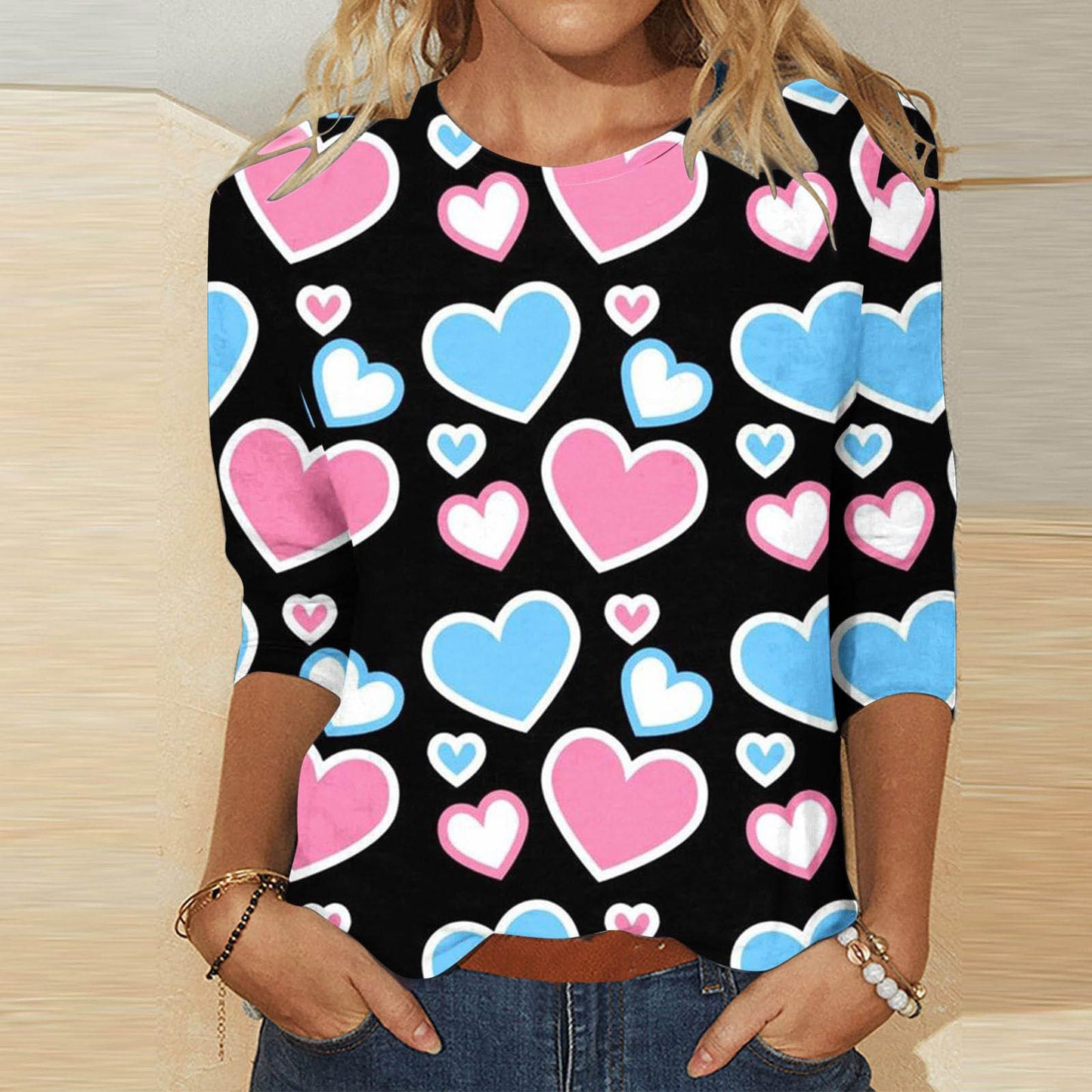 Valentine's Day Female With Hearts Printing Crew Neck T-shirt Top