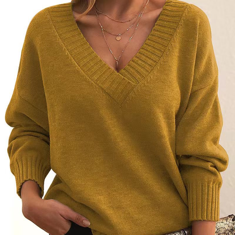 Solid V-neck Sweater Fashion Loose Long-sleeved Knitted