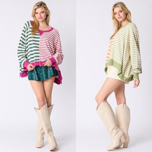 Women's Round Neck Multicolor Striped Long-sleeved Top Sweater