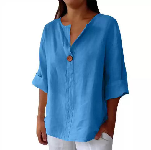 V-neck Long-sleeved T-shirt Fashion Loose Cotton And Linen