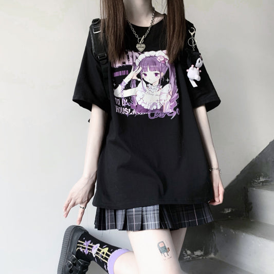 Anime Print White Short Sleeve T-Shirt Women