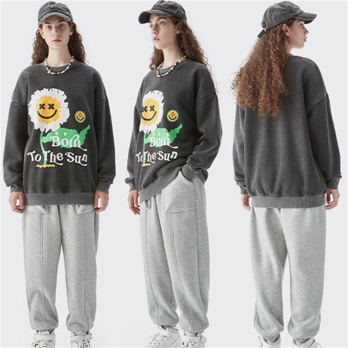 European And American Sunflower Foam Print Plus Velvet Round Neck Sweater