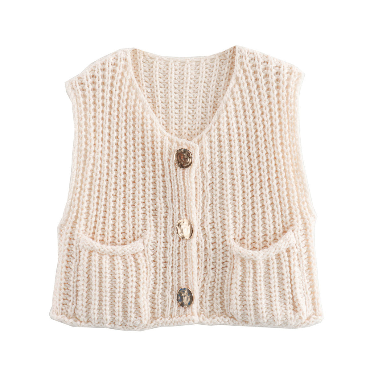 Women's Pocket Sleeveless Short Knitted Cardigan Vest Shirt