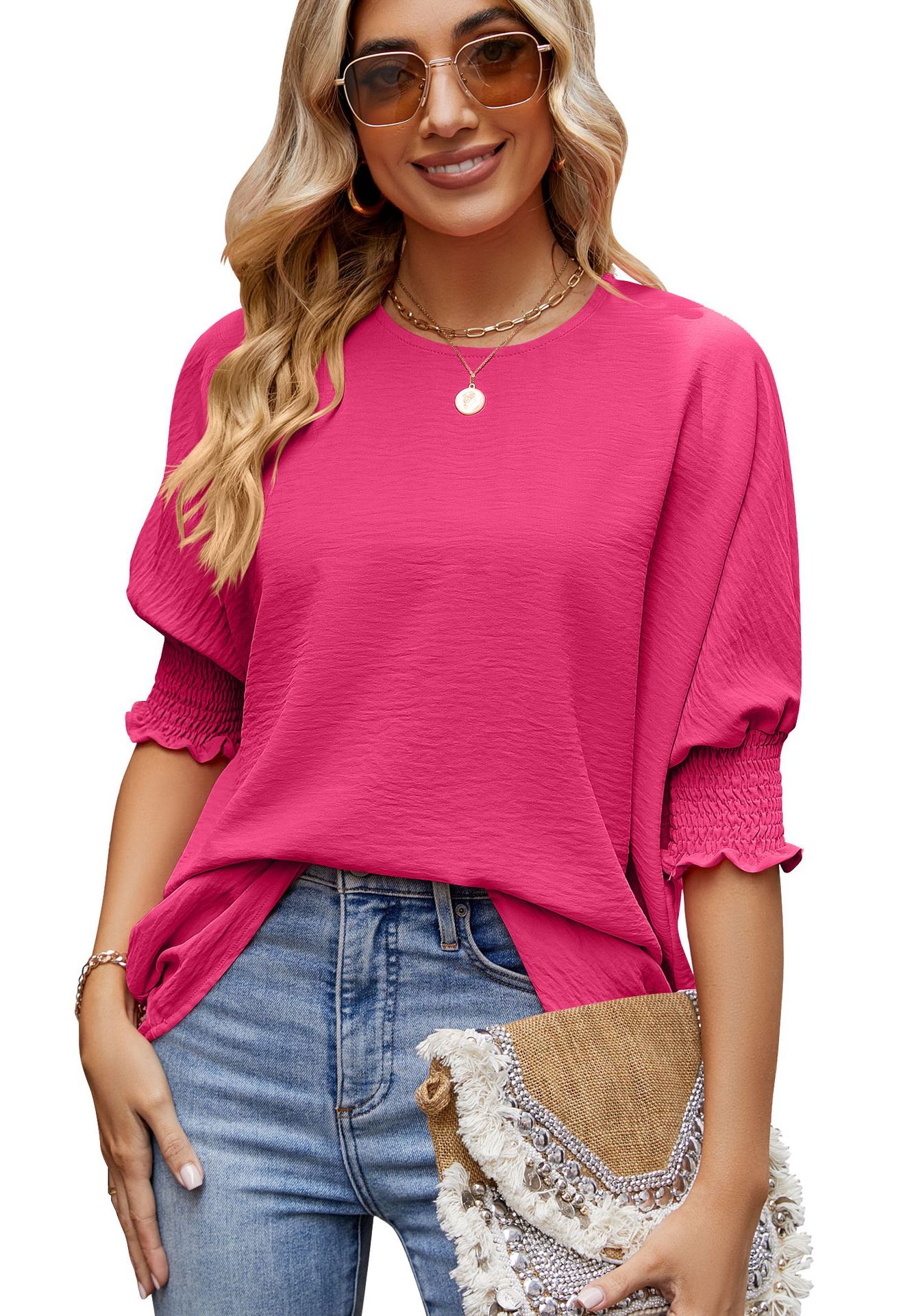 Women's Loose T-shirt With Elastic Sleeves Outfit Fashion