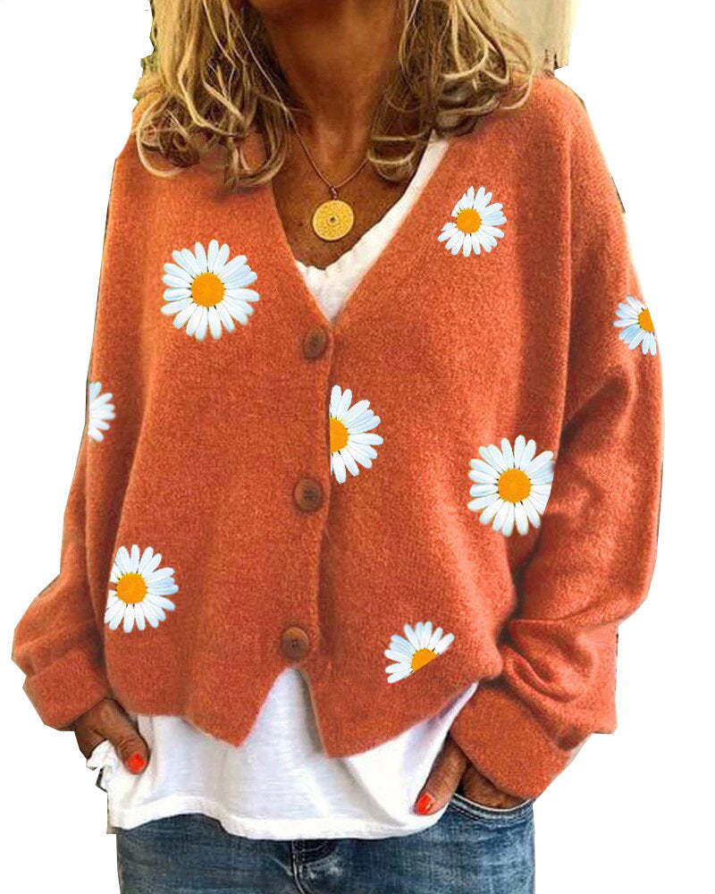Women's Single Breasted Sweater Chrysanthemum Embroidered
