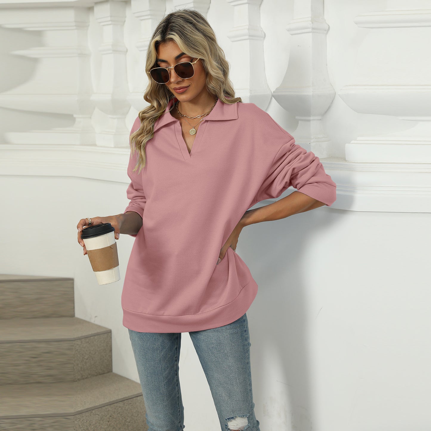 New Lapel V-neck Sweatshirt Fashion Casual Loose