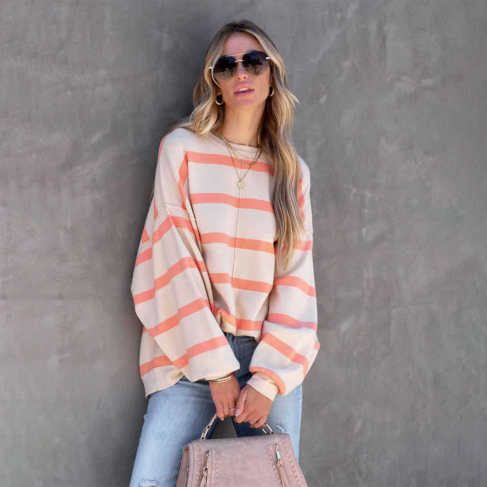 Women's Fashion Striped Printed Long Sleeve Casual Loose Top