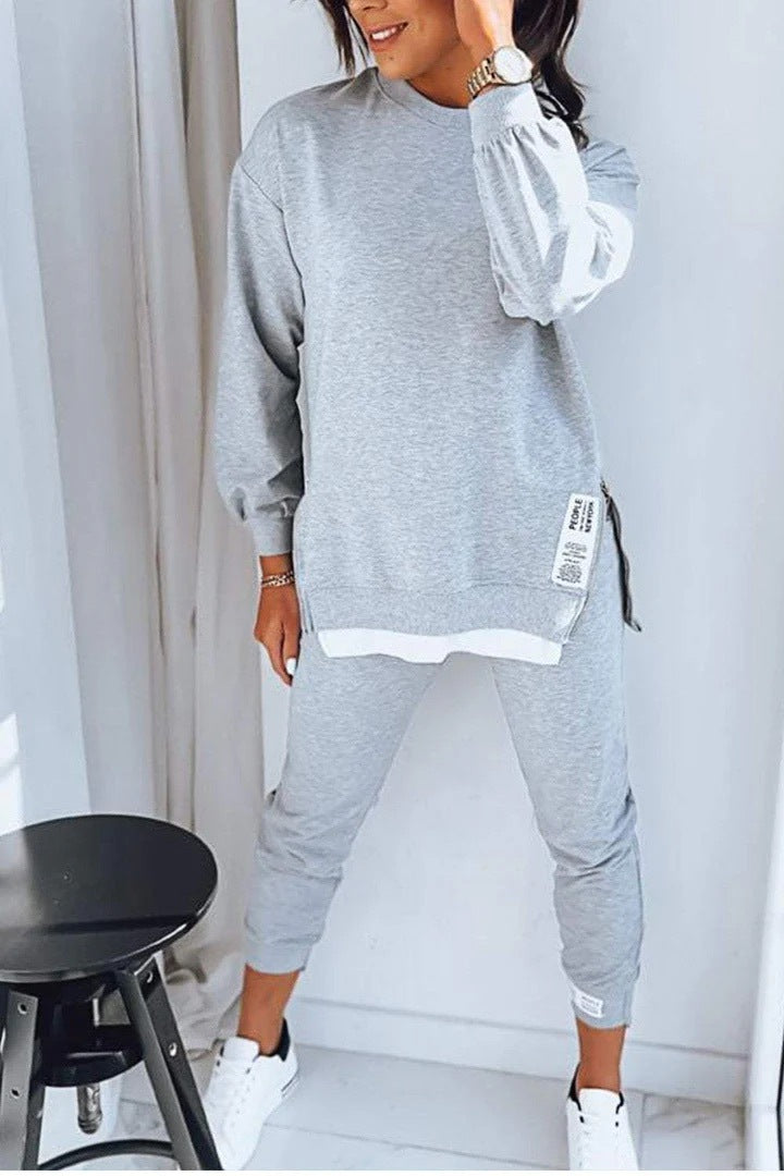 Women's Sports Suit Fashion Slit Design Sweatshirt Top And Slim-fit