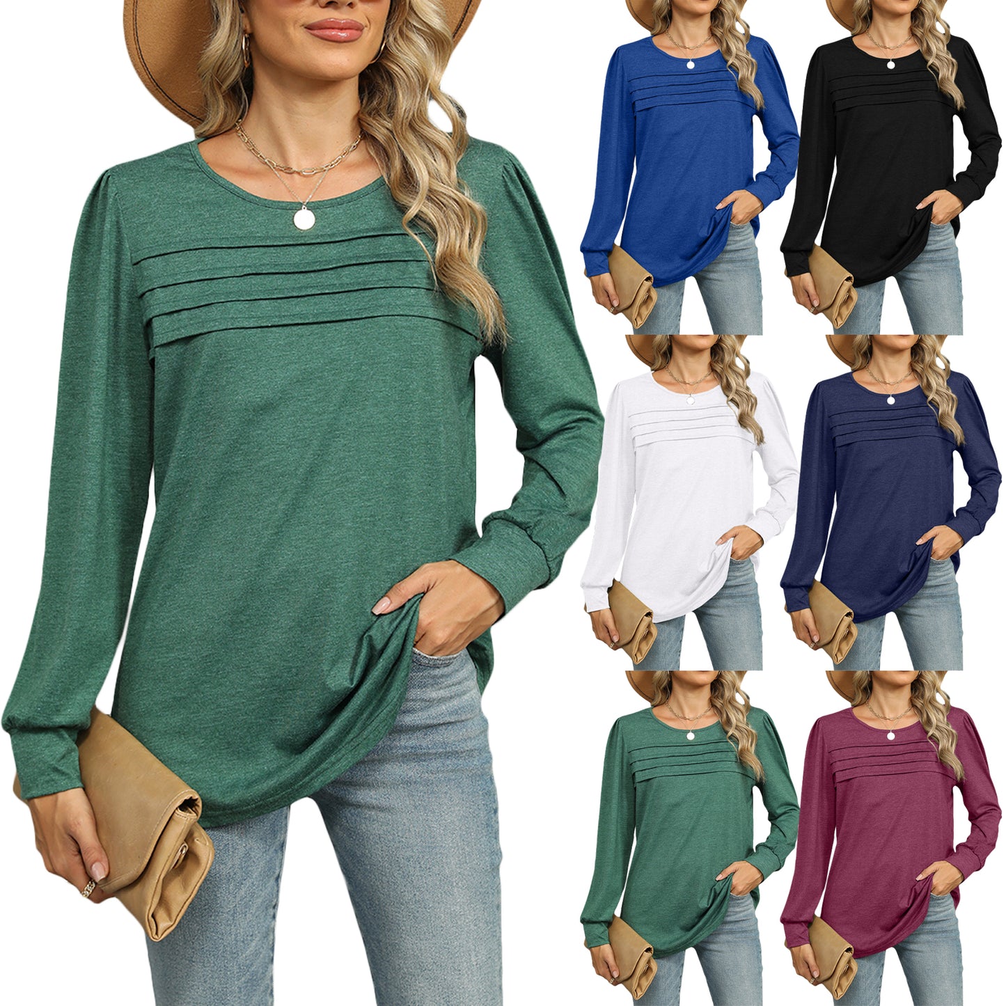 Solid Color U-neck Pleated Long-sleeved Top