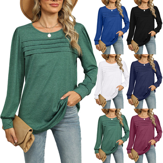 Solid Color U-neck Pleated Long-sleeved Top
