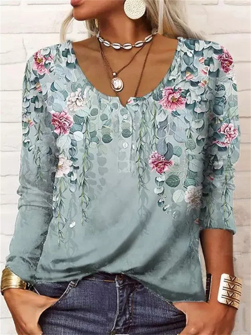 Women's Loose Long-sleeved Geometric Floral U-neck Button T-shirt