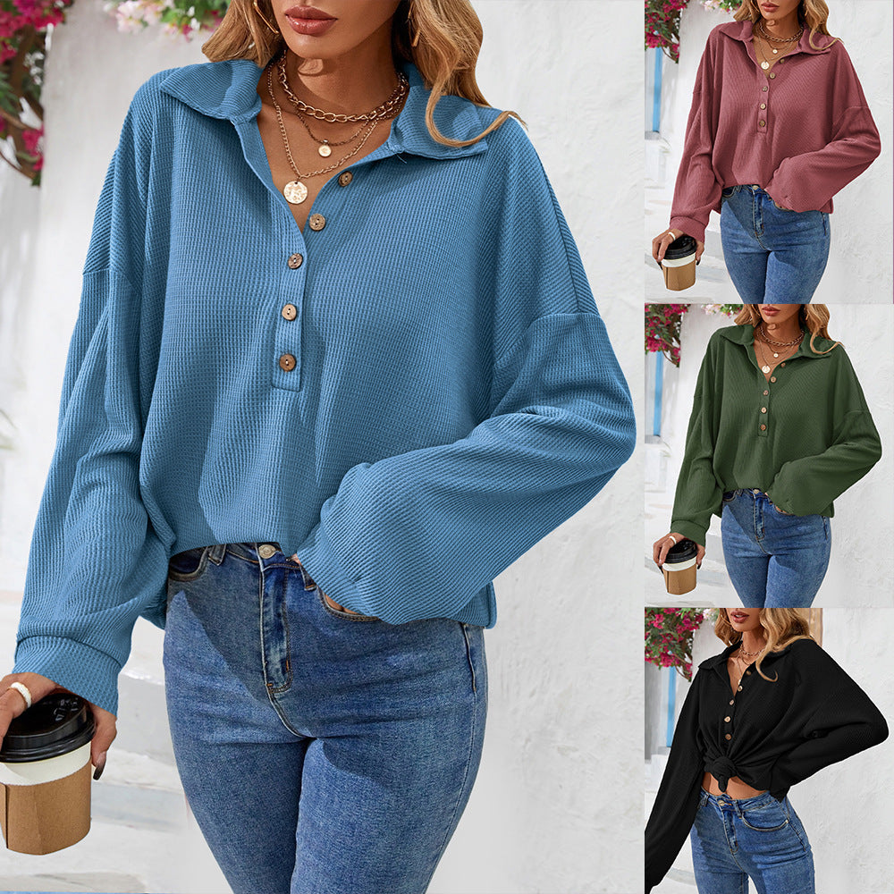 Fashion Lapel Button Sweatshirt Casual Loose Solid Color