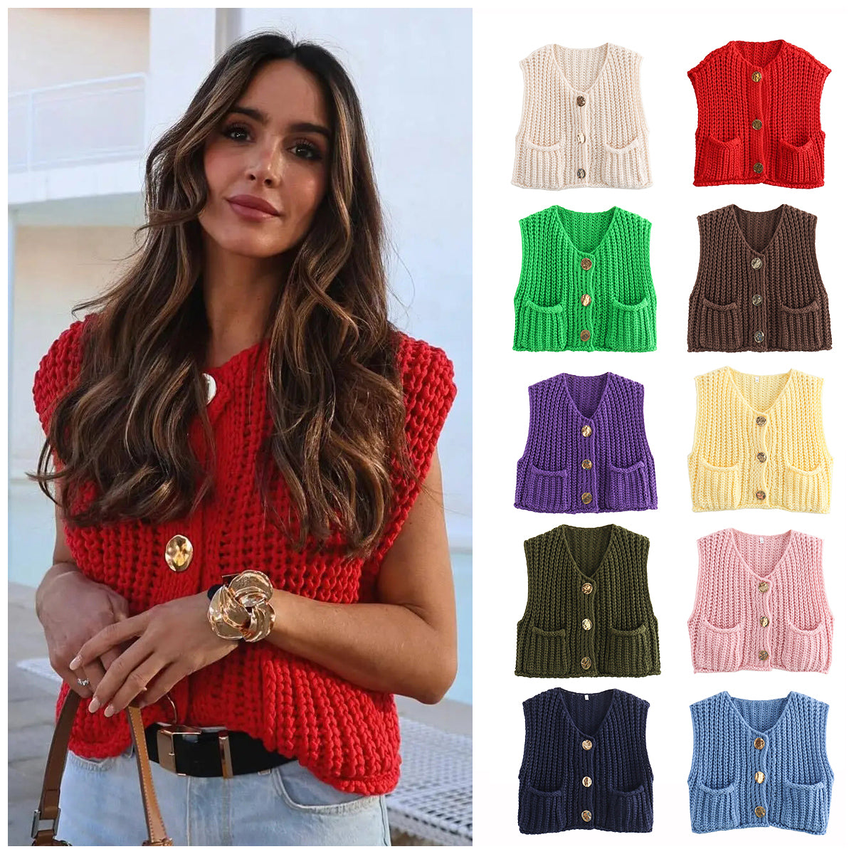 Women's Pocket Sleeveless Short Knitted Cardigan Vest Shirt
