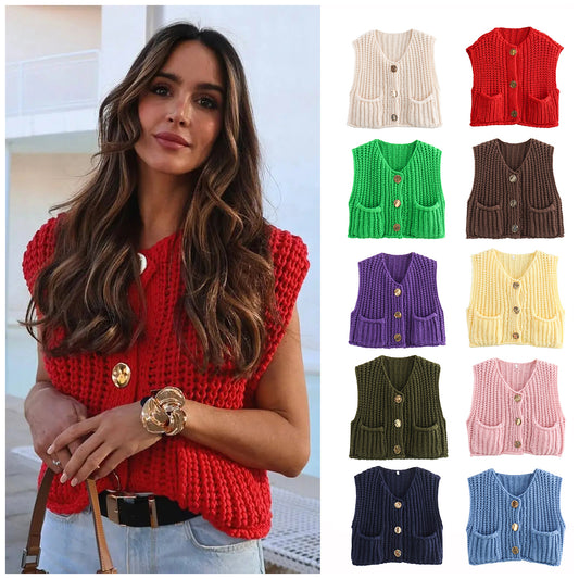 Women's Pocket Sleeveless Short Knitted Cardigan Vest Shirt