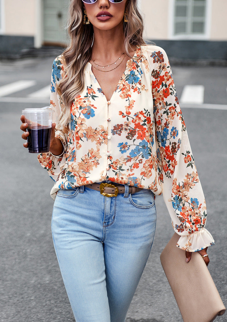 Women's Tops Casual Floral Print V Neck Long Sleeve Shirts