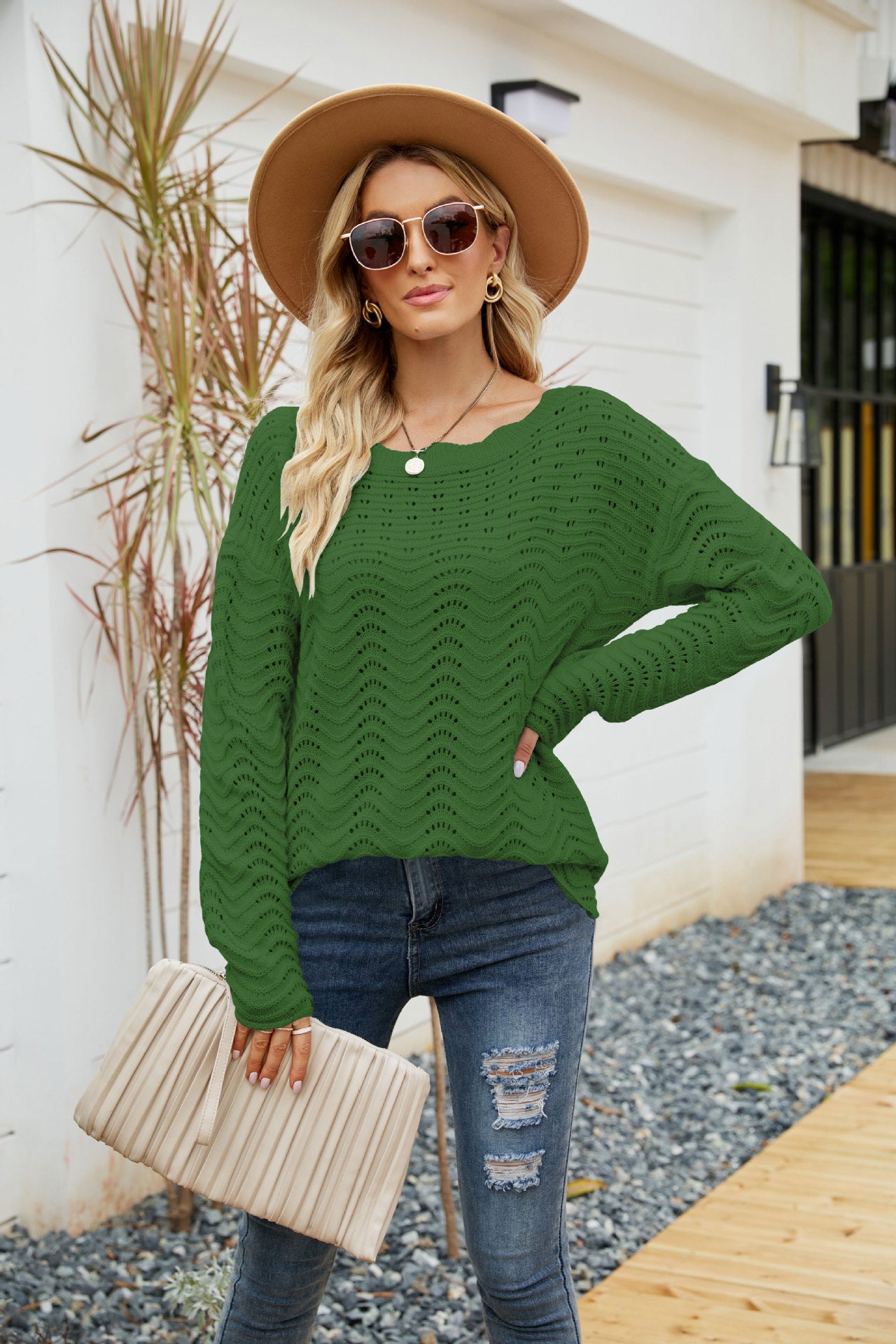 Hollow Pullover Lace Knit Word Neck Off Shoulder Sweater