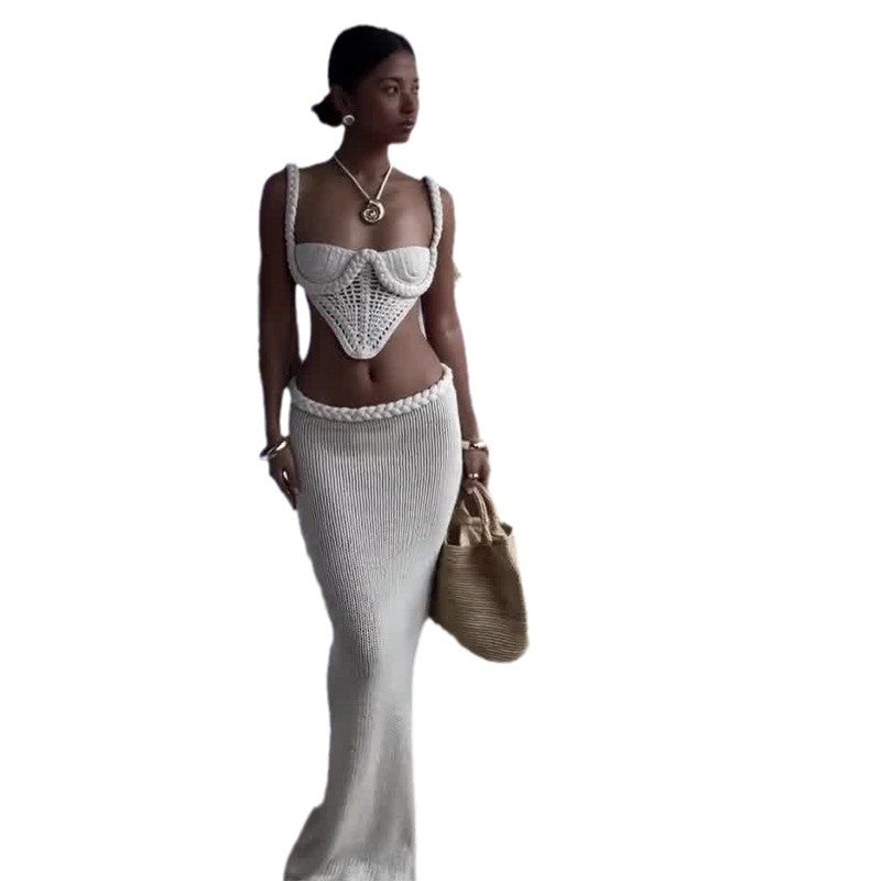 Crochet Knit 2 Piece Skirt Set Women's Square Collar
