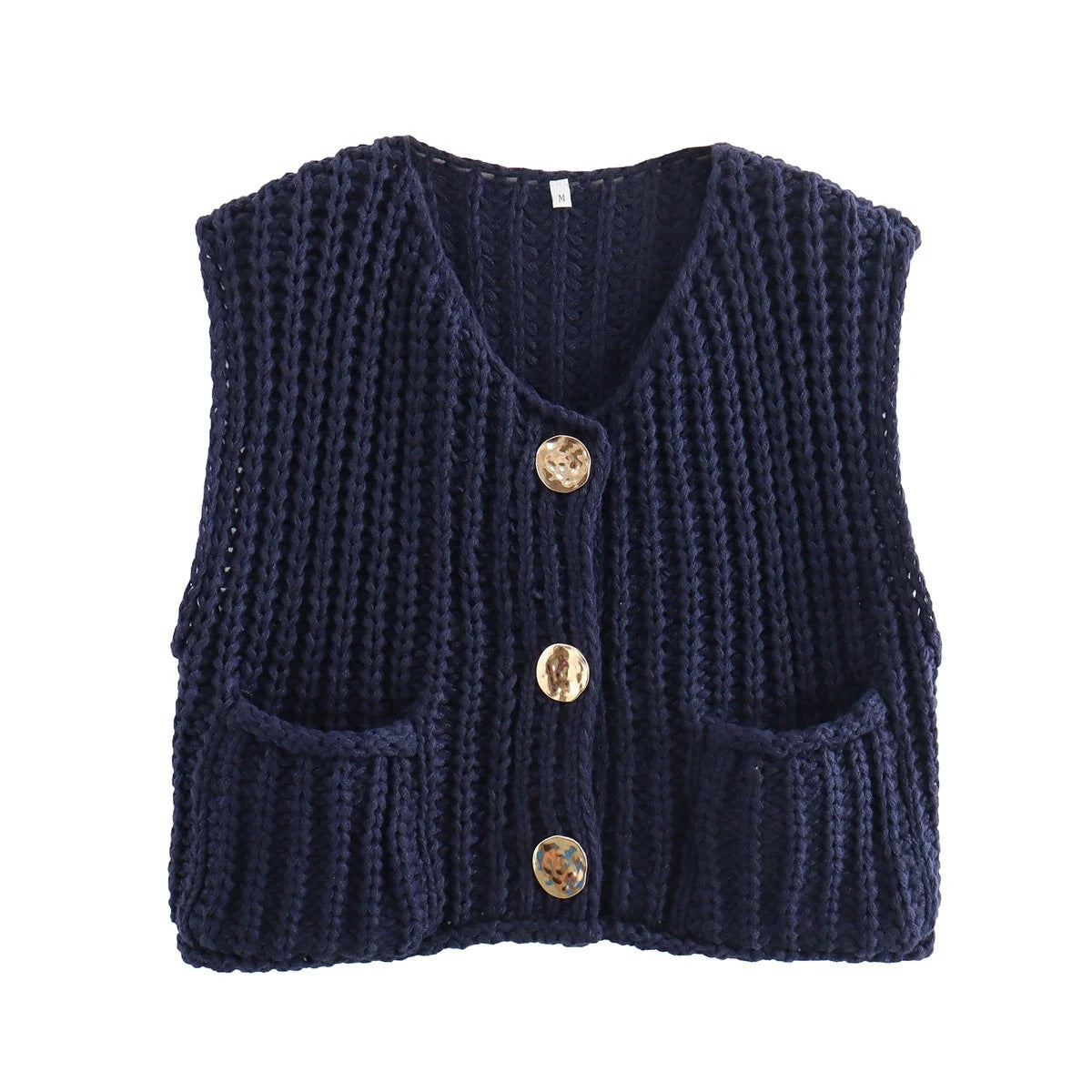 Women's Pocket Sleeveless Short Knitted Cardigan Vest Shirt
