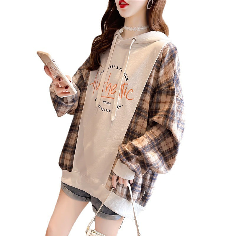 Women's Loose Plaid Stitching Hooded Sweatshirt