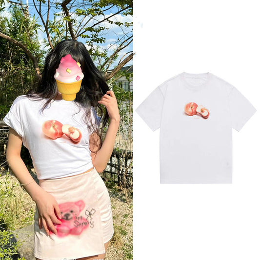 Pan Peach Illustration Print Short Sleeve T-Shirt