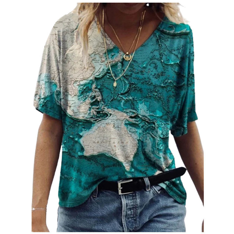 Map Print V-Neck Short-Sleeved T-Shirt