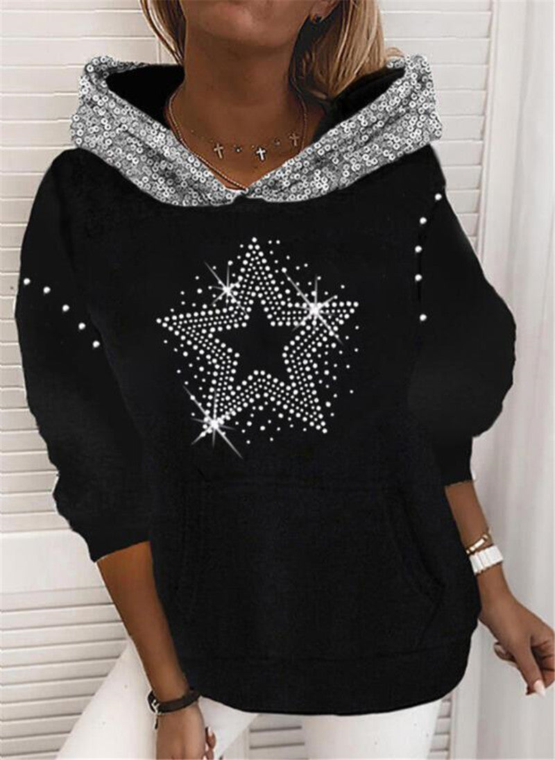 Rhinestone Loose Long Sleeve Sequined Hoodie