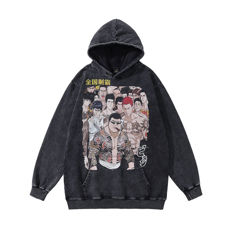 Punk Skull Print Heavy Distressed Hooded Sweater For Men