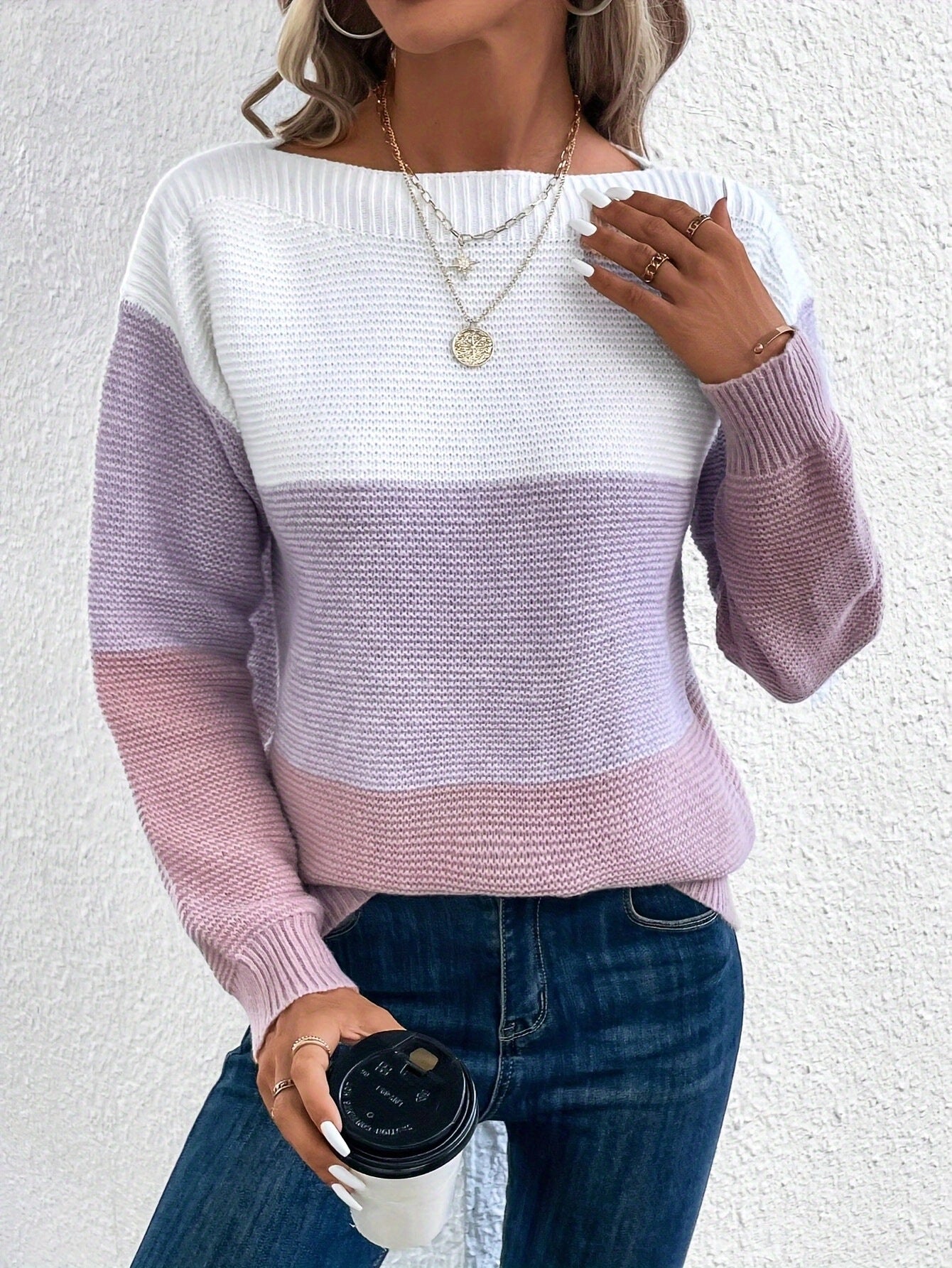 Pullover Knitted Sweater Fashion Round Neck Splicing Knitwear