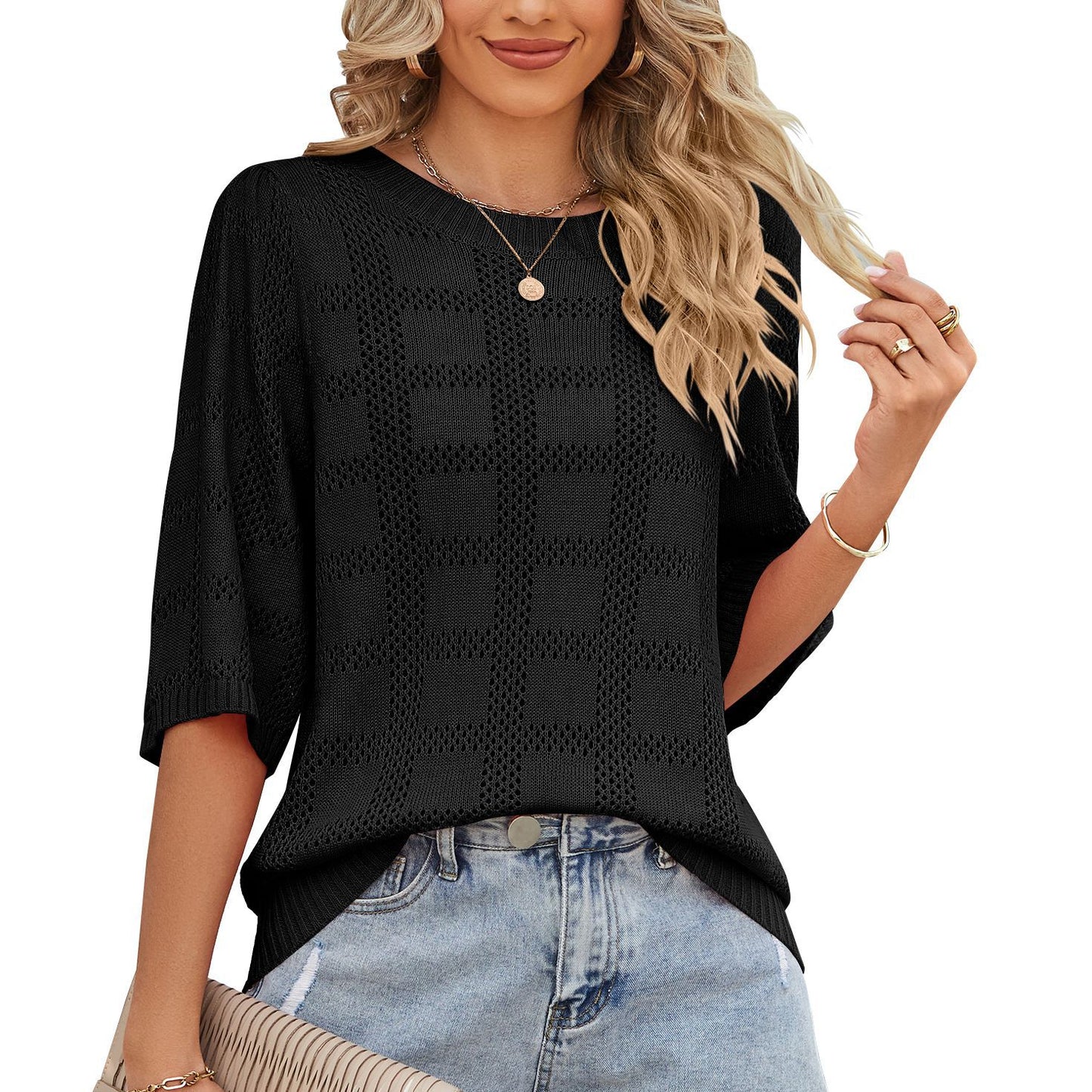 Women's Round Neck Hollowed Out Sun Protection Shirt Knitted Sweater Cover Up