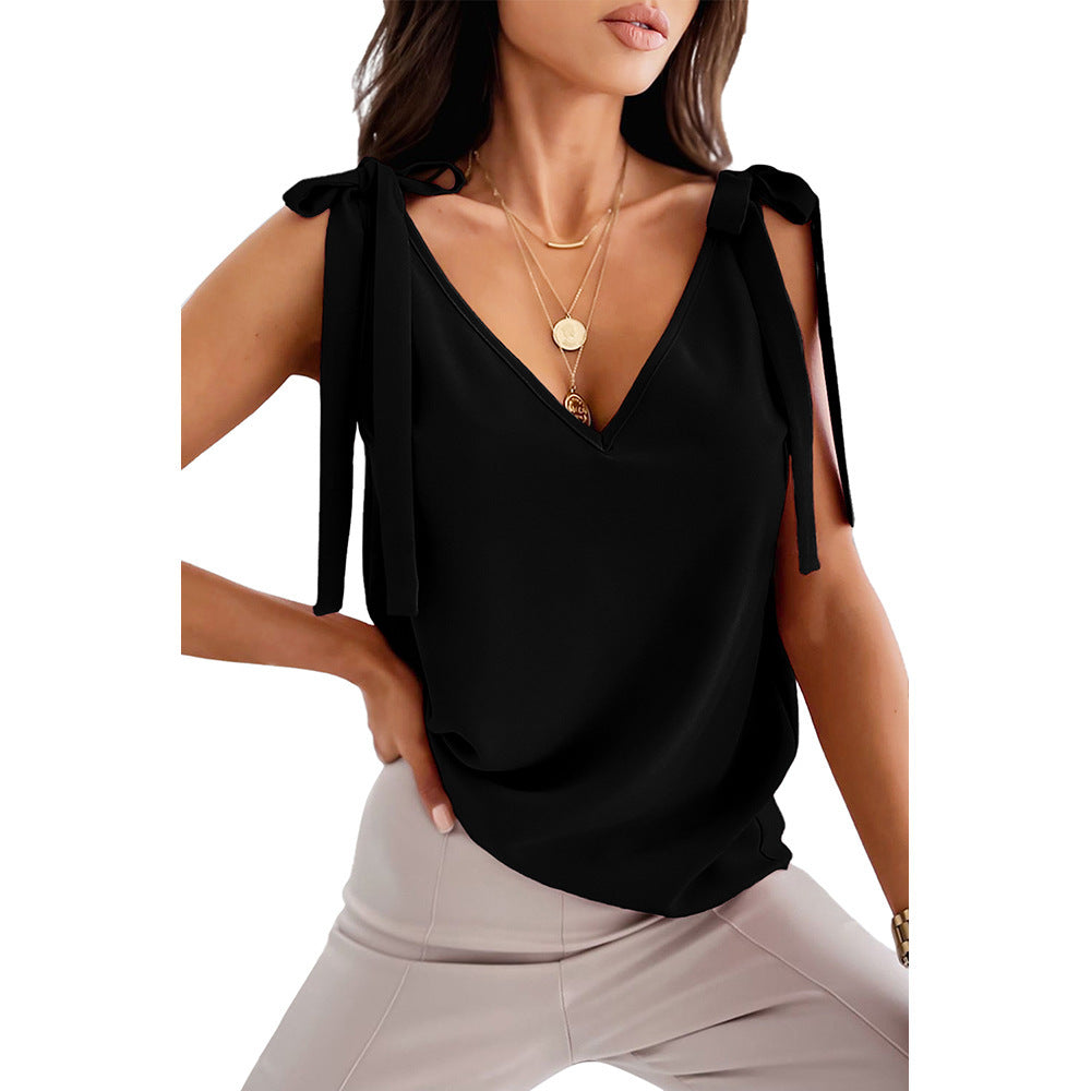 Bowknot Tie Up Camisole V-neck Shirts Women Summer Tops