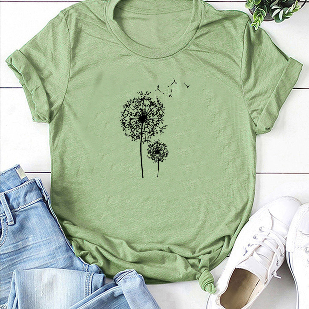 Dandelion Print Mid Length Short Sleeve T-Shirt