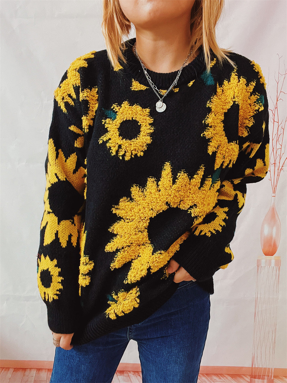 Women's Fashion Casual Sunflower Jacquard Sweater