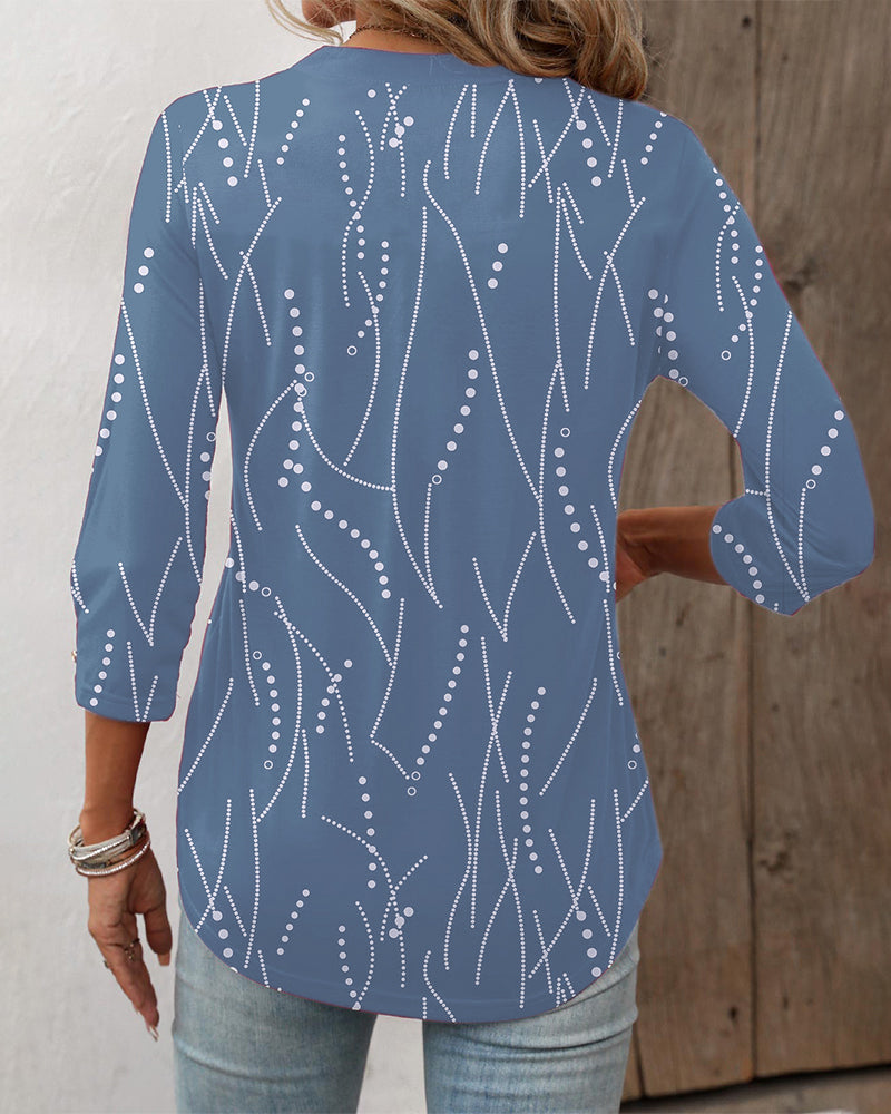 Women's Casual Button Geometric Printed Long-sleeved T-shirt